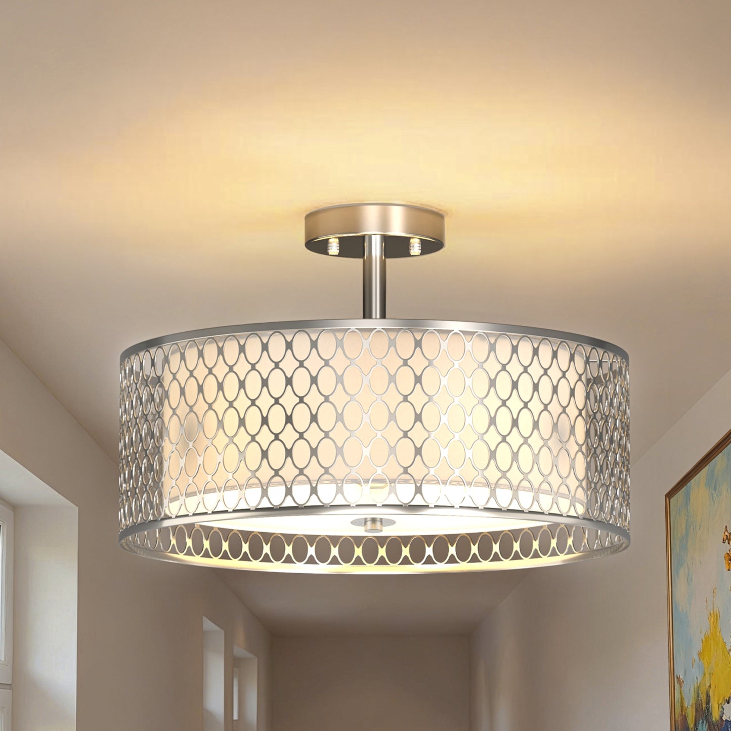 YANSUN 17-Inch Flush Mount Ceiling Light with Perforated Metal & Fabric Shade, Brushed Nickel Finish, Traditional Design