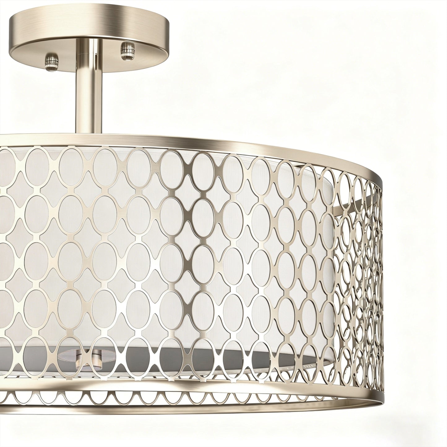 YANSUN 17-Inch Flush Mount Ceiling Light with Perforated Metal & Fabric Shade, Brushed Nickel Finish, Traditional Design