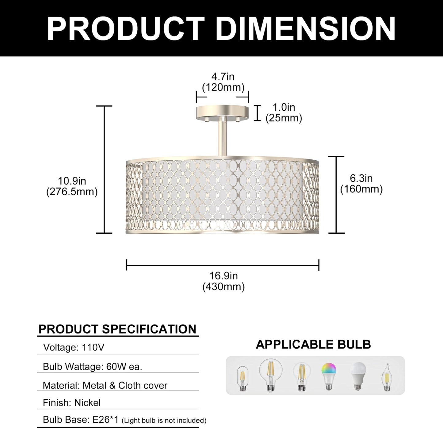 YANSUN 17-Inch Flush Mount Ceiling Light with Perforated Metal & Fabric Shade, Brushed Nickel Finish, Traditional Design