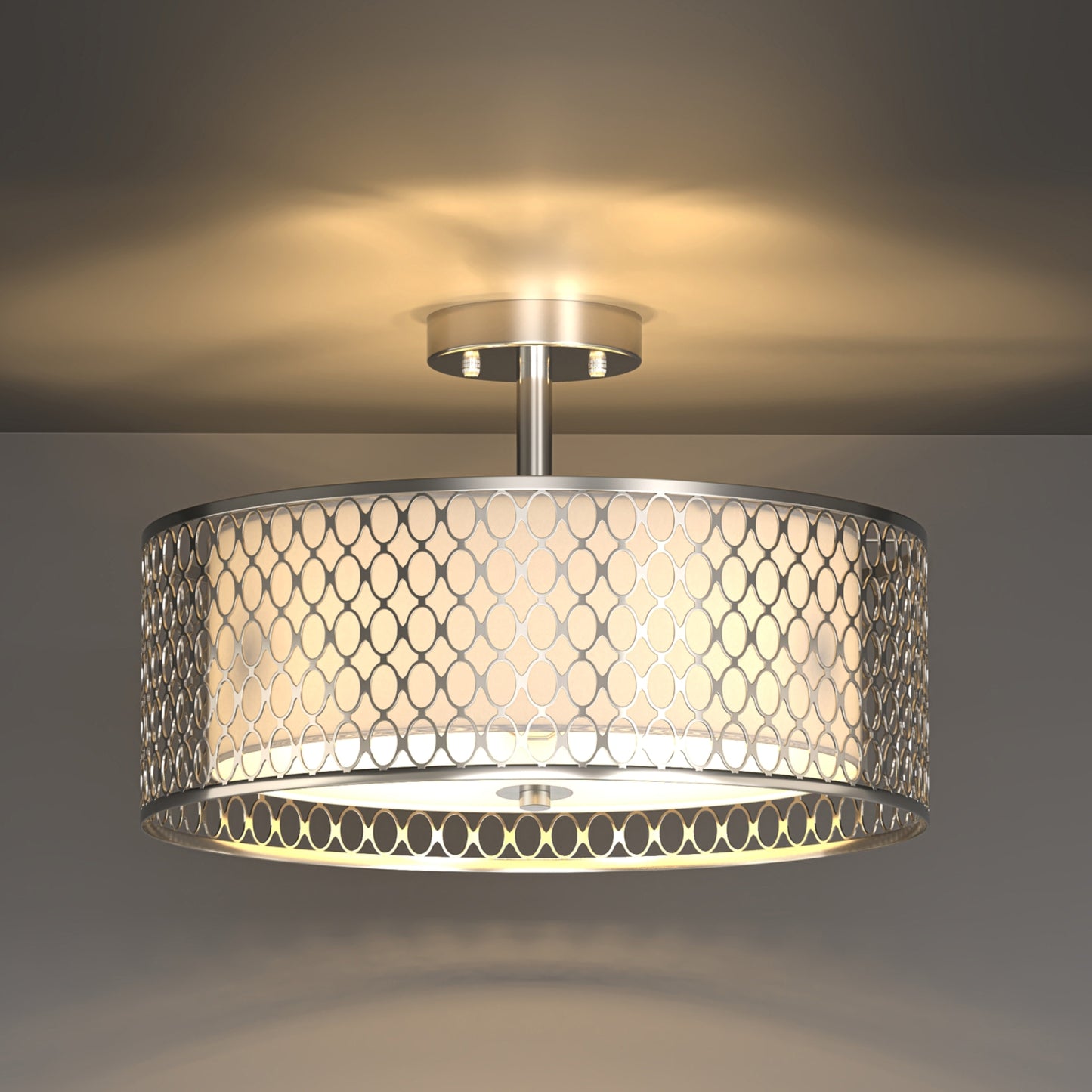 YANSUN 17-Inch Flush Mount Ceiling Light with Perforated Metal & Fabric Shade, Brushed Nickel Finish, Traditional Design