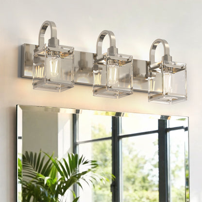 YANSUN 3-Light Vanity Mirror Light with Square Patterned Glass, Brushed Nickel Finish, 23.5-Inch Length, Modern Traditional