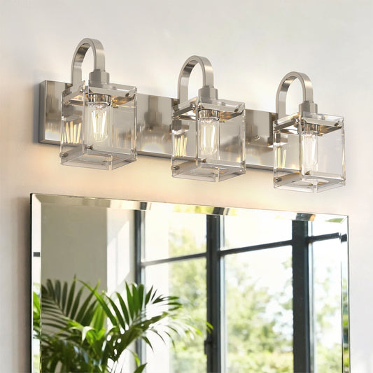 YANSUN 3-Light Vanity Mirror Light with Square Patterned Glass, Brushed Nickel Finish, 23.5-Inch Length, Modern Traditional