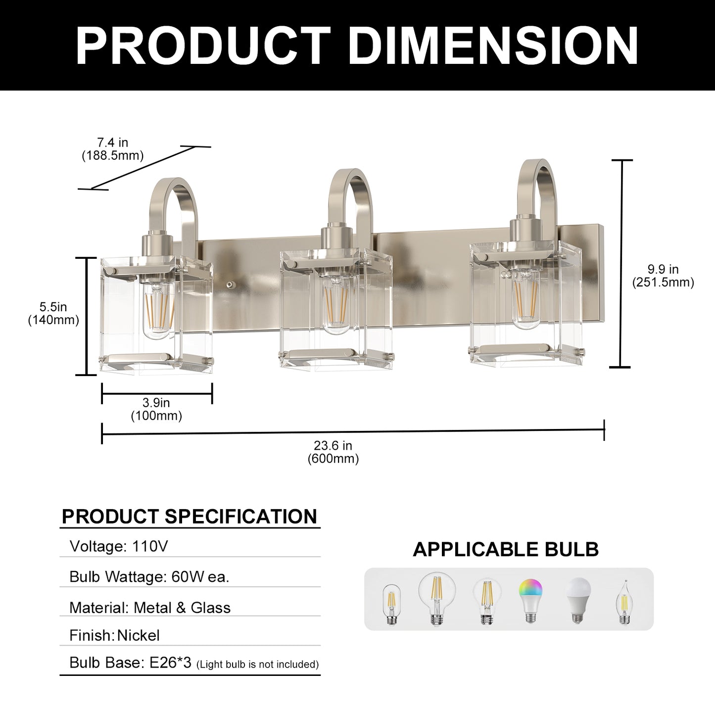 YANSUN 3-Light Vanity Mirror Light with Square Patterned Glass, Brushed Nickel Finish, 23.5-Inch Length, Modern Traditional