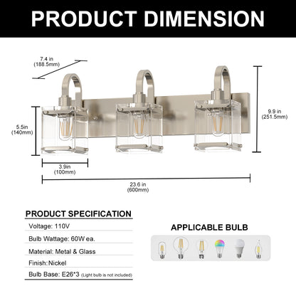 YANSUN 3-Light Vanity Mirror Light with Square Patterned Glass, Brushed Nickel Finish, 23.5-Inch Length, Modern Traditional