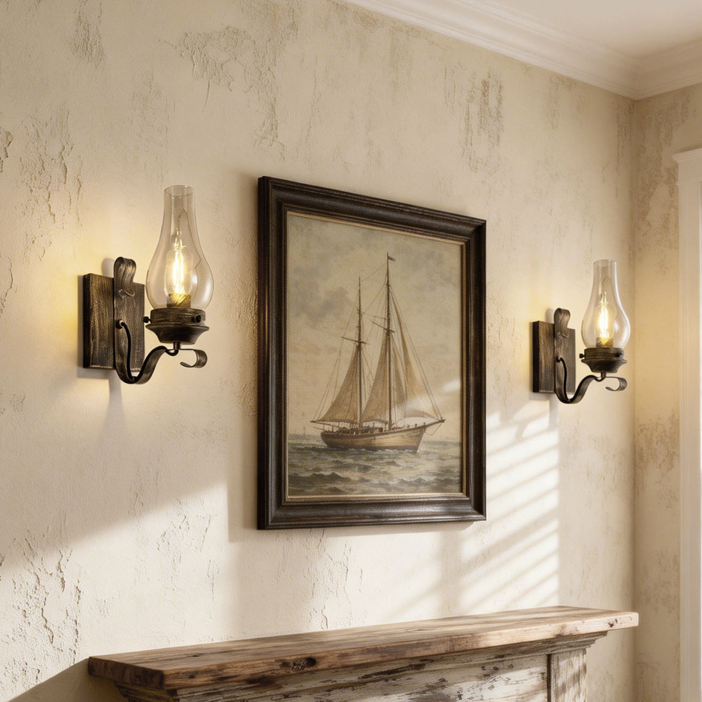 YANSUN 2-Pack Vintage Diesel Lantern Wall Sconce with Amber Glass Shade, Black & Gold Finish, E26 Base, Indoor Wall Lamp for Hallway, Bedroom, Living Room
