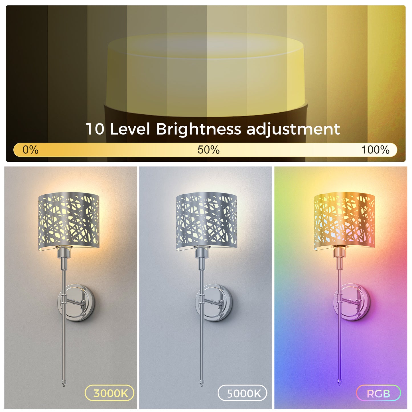 YANSUN 2-Pack Semi-Cylinder Chrome Wall Sconce RGBCW Remote Control Remote Timer Dimmable Wall Light for Living Room Hallway