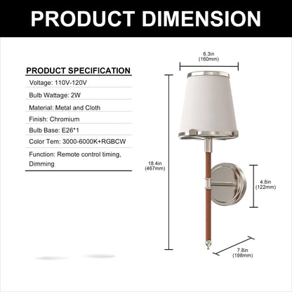 6.3 in. 2-Pack Chrome Indoor Wall Light with Octopus Claw Leather Shade and RF Remote Control, Adjustable Brightness