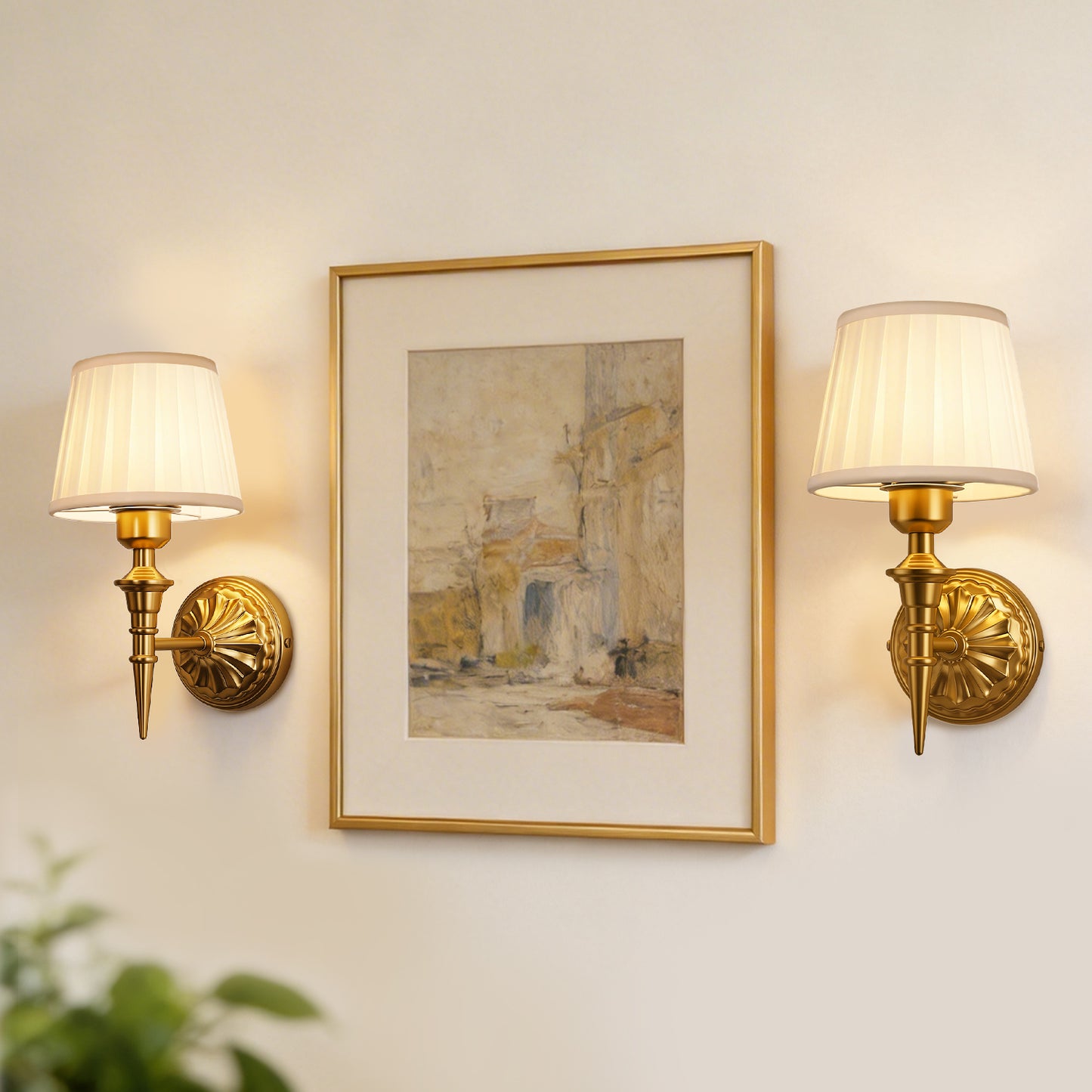 YANSUN 2-Pack Traditional Wall Sconce with Pleated Fabric Shade, Copper Finish Metal , E26 Base Indoor Wall Light for Bedroom