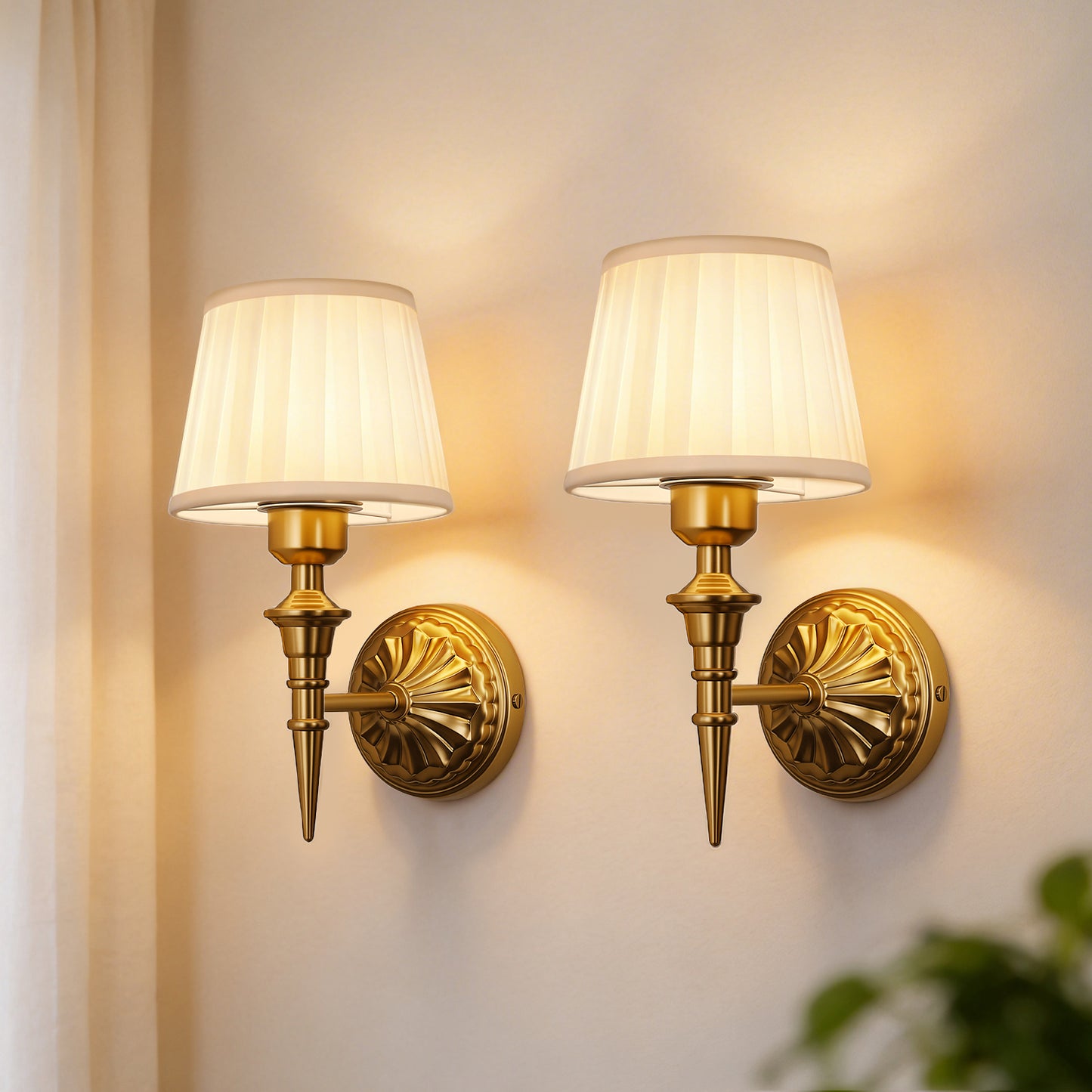 YANSUN 2-Pack Traditional Wall Sconce with Pleated Fabric Shade, Copper Finish Metal , E26 Base Indoor Wall Light for Bedroom