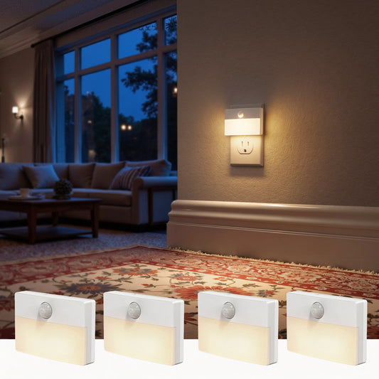 YANSUN 4-Pack Plug-in Motion Sensor Night Light Square LED 3000K Warm White 0.45W US Plug for Hallway Bedroom Bathroom
