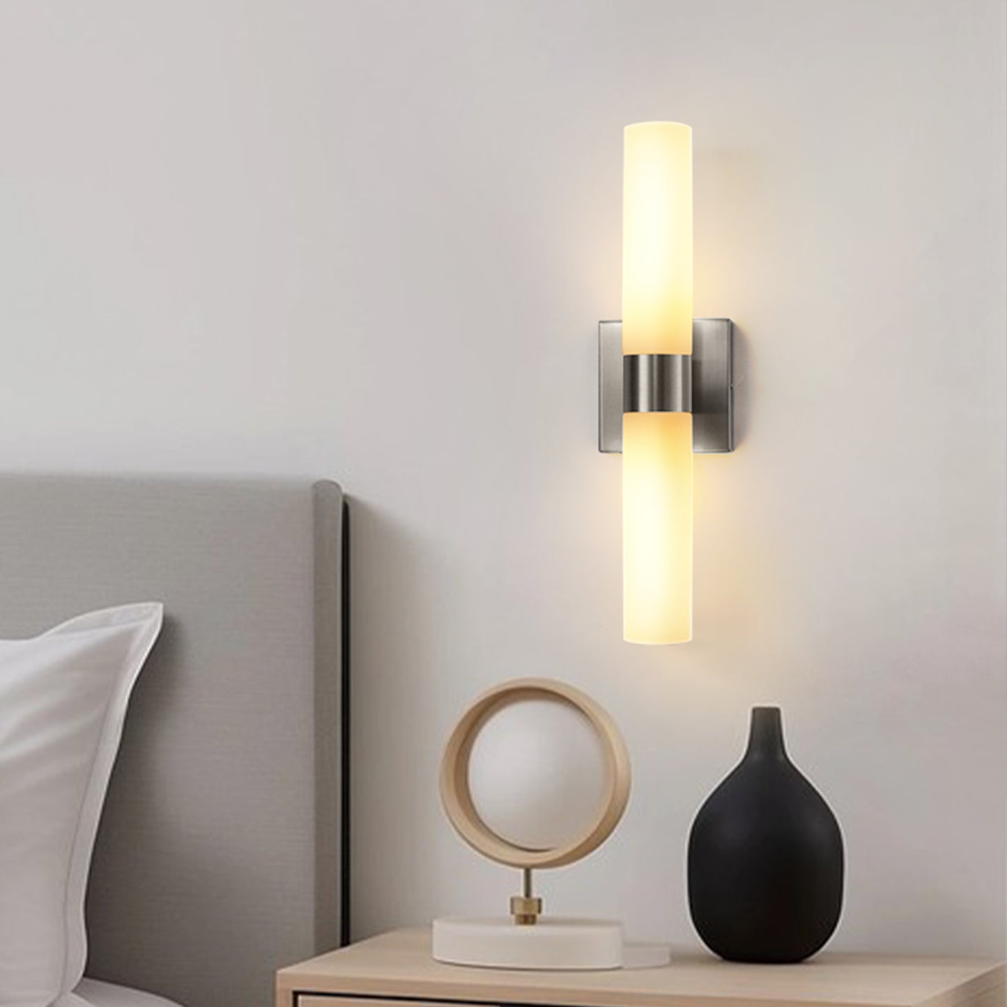 18 in. 2-Light Brushed Nickel and White Double Tube Wall Sconce, Sleek Up and Down Light Fixture for Bathroom, Bedroom