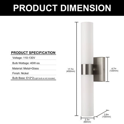 18 in. 2-Light Brushed Nickel and White Double Tube Wall Sconce, Sleek Up and Down Light Fixture for Bathroom, Bedroom