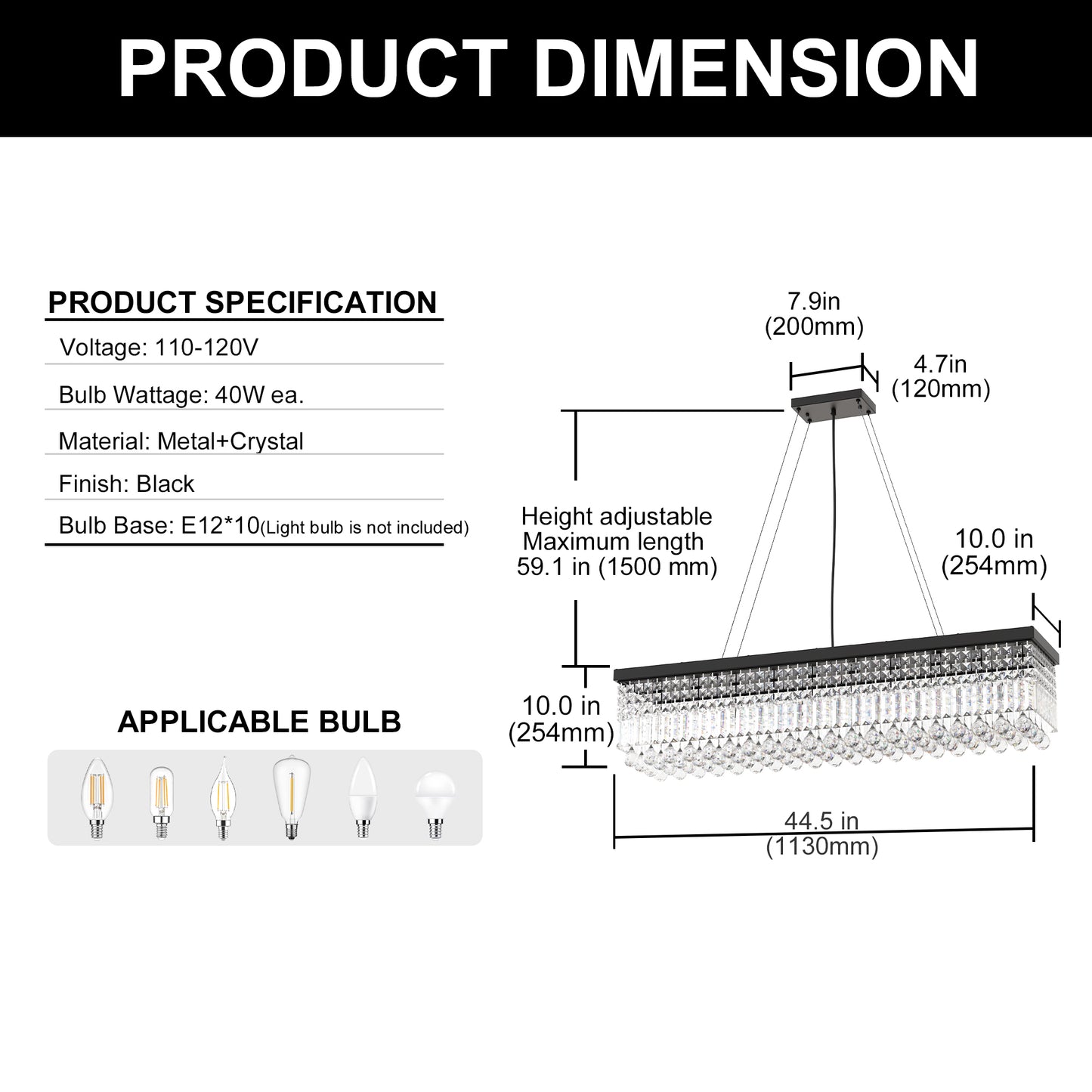 YANSUN 10-Light Crystal Island Chandelier in Matte Black, Modern Linear Dining Room Pendant with E12 Base, 44.5 in.