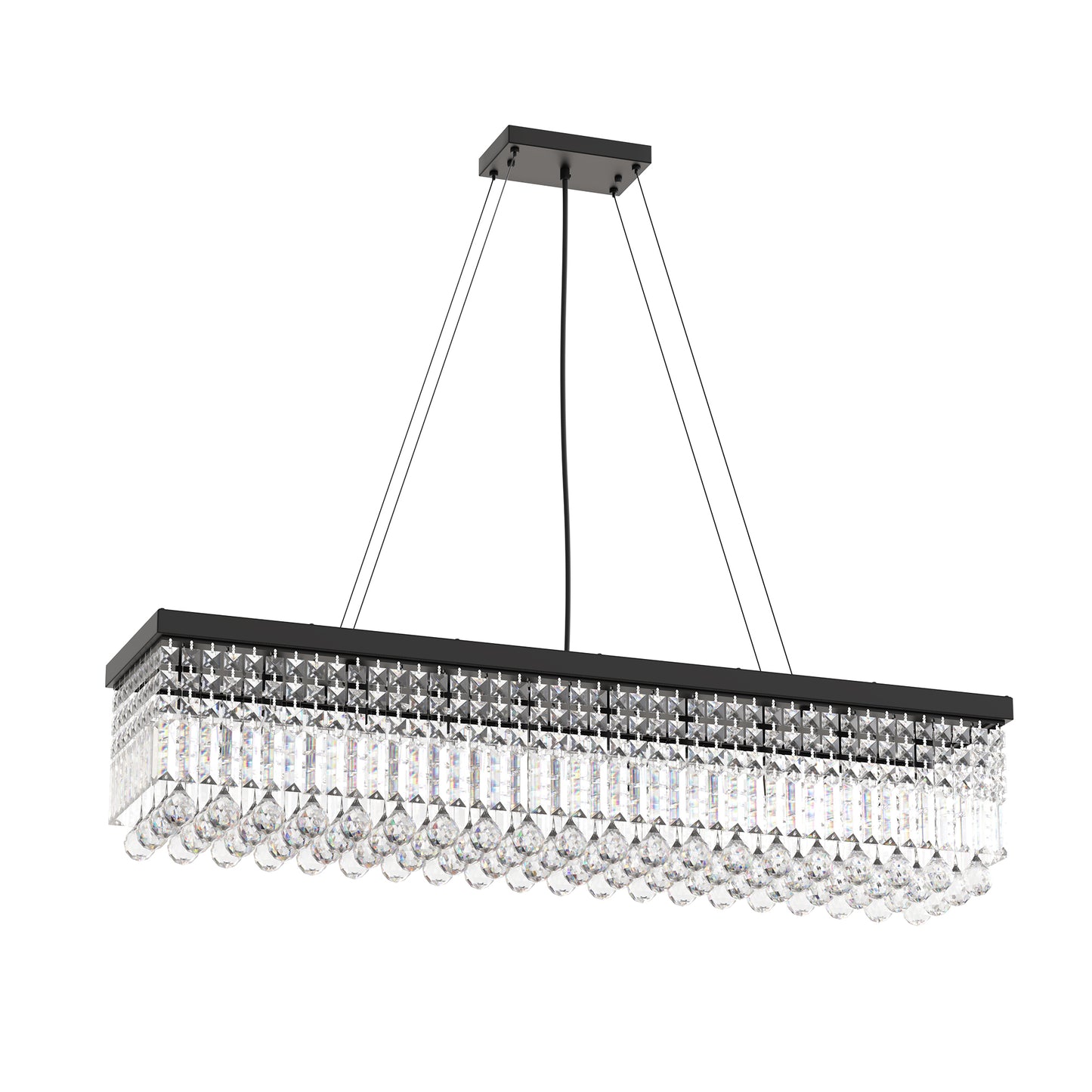 YANSUN 10-Light Crystal Island Chandelier in Matte Black, Modern Linear Dining Room Pendant with E12 Base, 44.5 in.