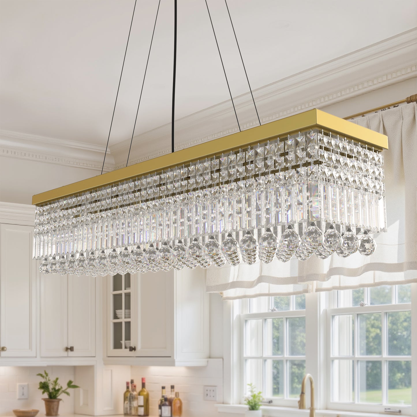 YANSUN 10-Light Gold Crystal Island Chandelier 44.5in Linear Ceiling Light E12 Luxury Dining Room Fixture