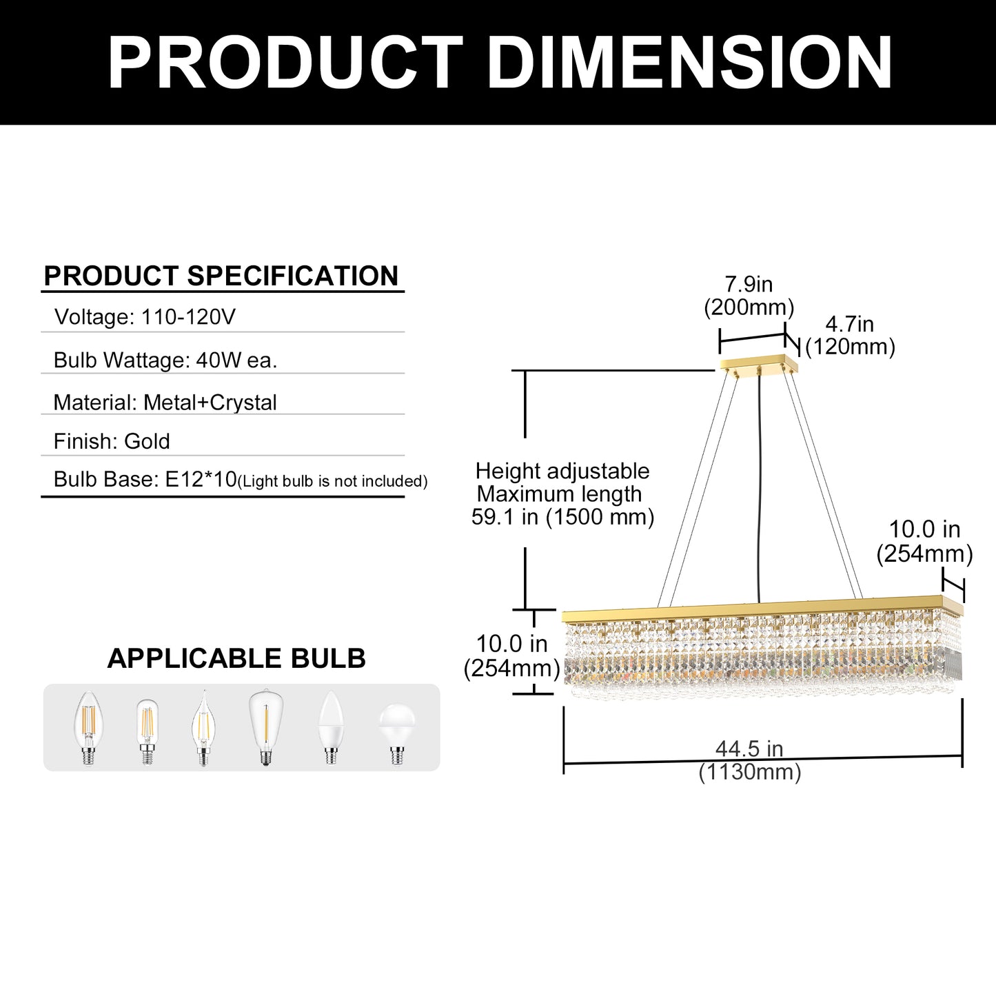 YANSUN 10-Light Gold Crystal Island Chandelier 44.5in Linear Ceiling Light E12 Luxury Dining Room Fixture