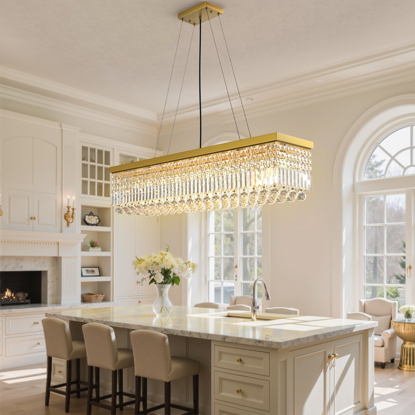 YANSUN 10-Light Gold Crystal Island Chandelier 44.5in Linear Ceiling Light E12 Luxury Dining Room Fixture