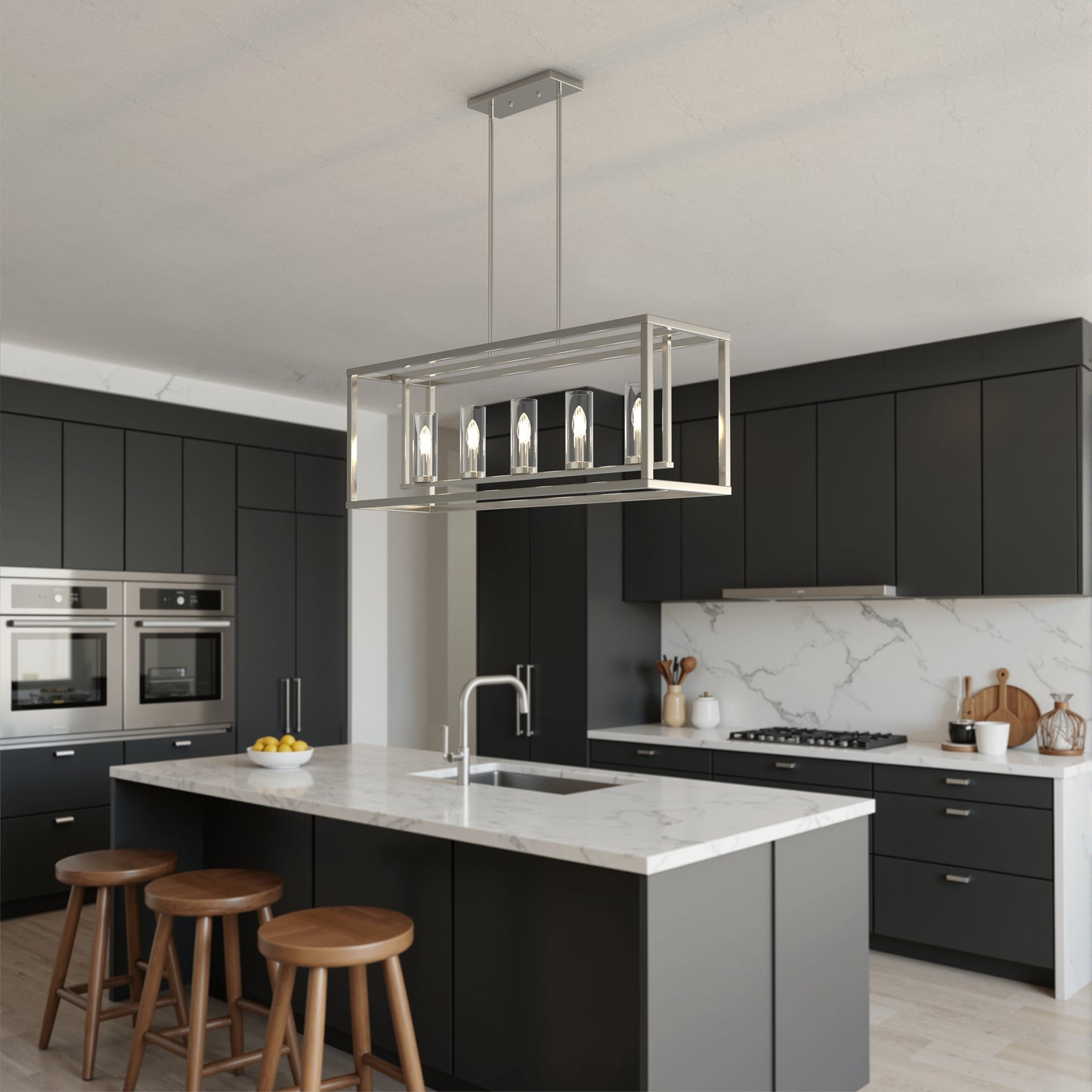 YANSUN 5-Light KD Pendant Island Light with Clear Glass Shades, Sand Nickel Finish, E12 Bulbs Not Included