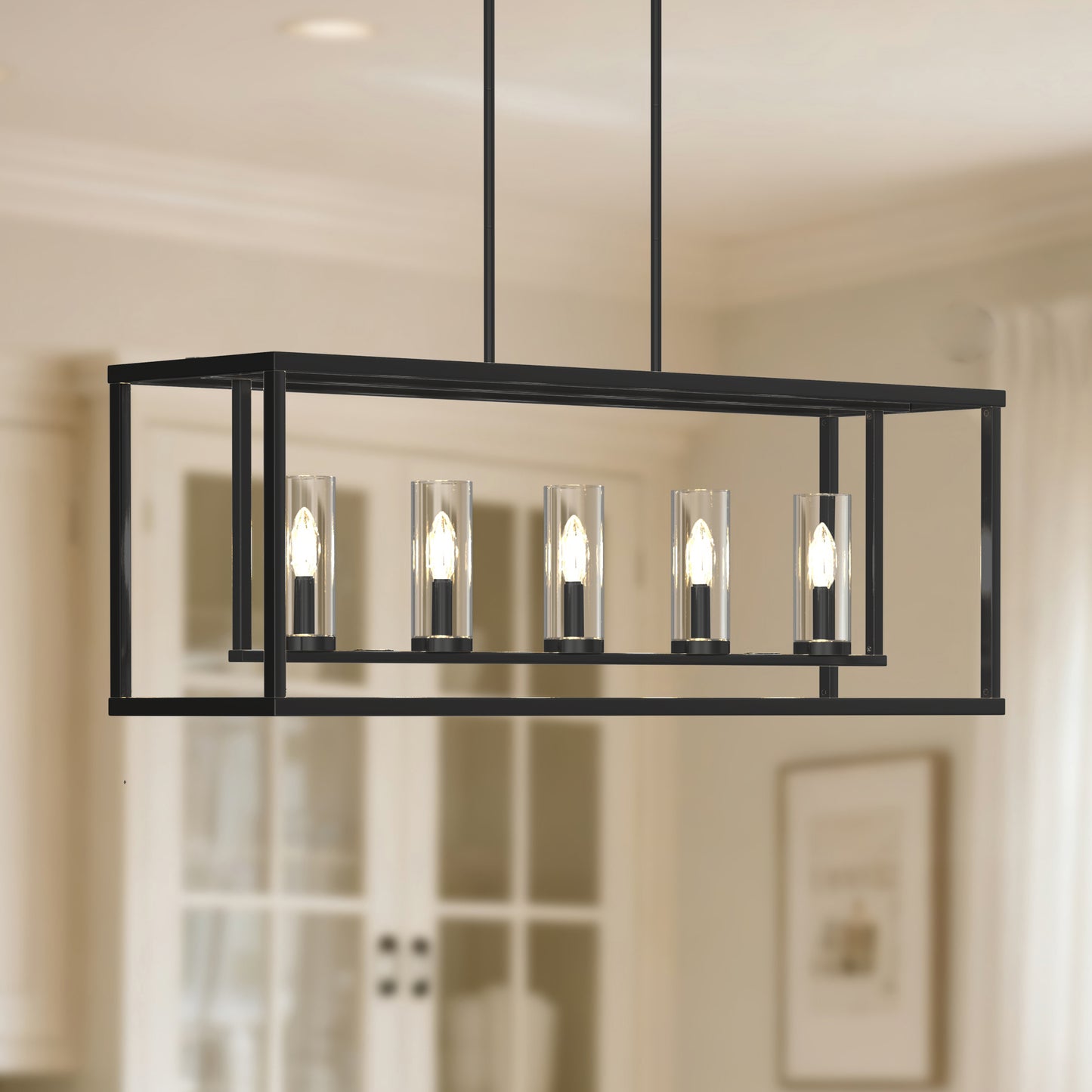 YANSUN 5-Light KD Pendant Island Light with Clear Glass Shades, Matte Black Finish, E12 Bulbs Not Included