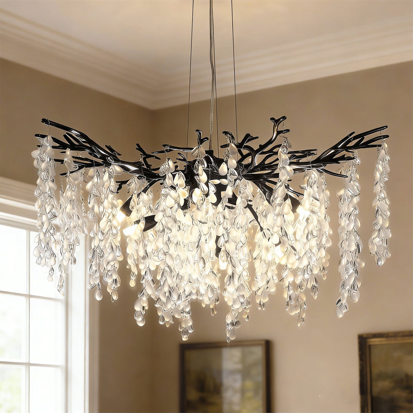 YANSUN 10-Light Matte Black Crystal Branch Chandelier with Crystal Shade, 31. 5 in. Traditional Hanging Fixture for Kitchen