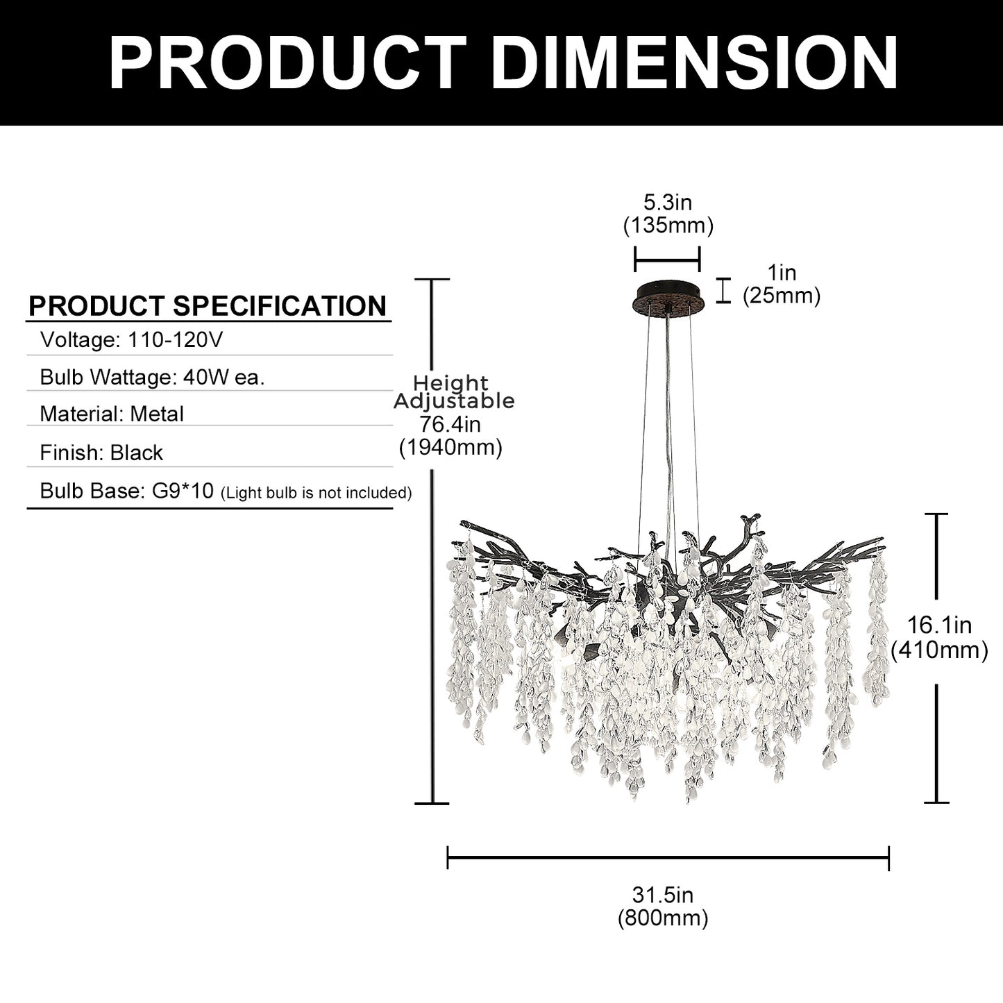 YANSUN 10-Light Matte Black Crystal Branch Chandelier with Crystal Shade, 31. 5 in. Traditional Hanging Fixture for Kitchen