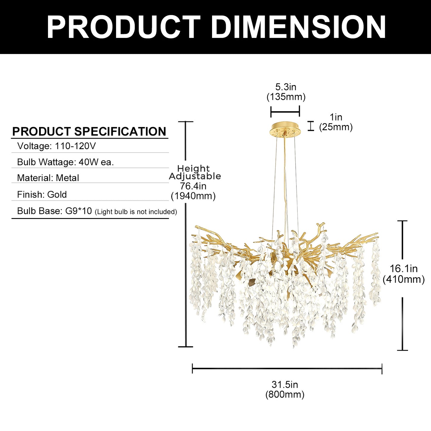 YANSUN 10-Light 31.5 in. Champagne Gold Traditional Crystal Chandelier with Crystal Shade and Metal Branch Design G9 Base