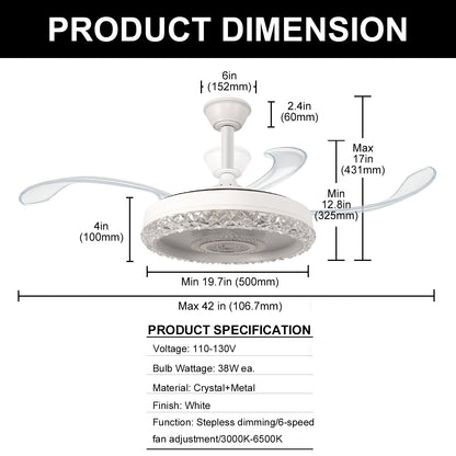 42 in. 38-Watt 3-Blade Standard Flush Mount Ceiling Fans with Clear Blades and Stepless Dimming, 120-Volt, White Finish