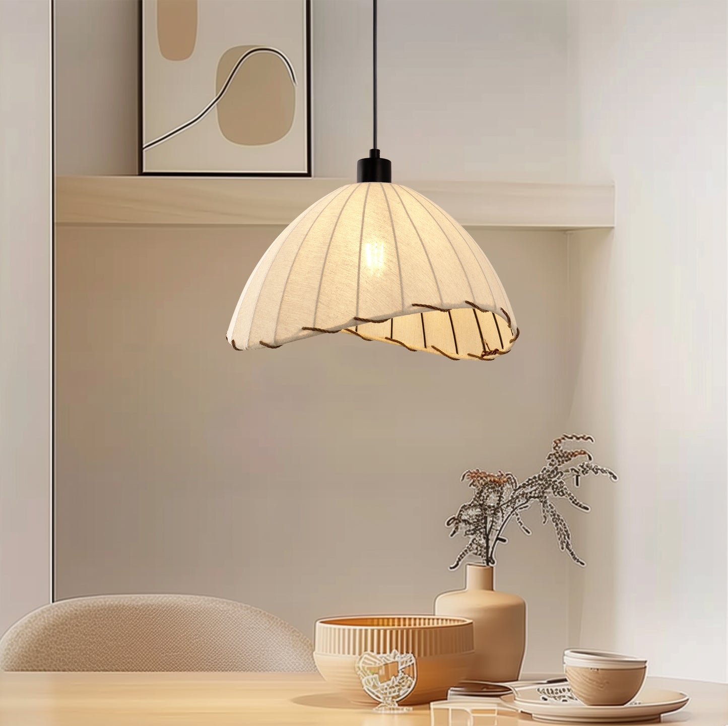 YANSUN 2-Pack 1-LIght Boho Woven Fabric Pendant Light KD Hanging Ceiling Fixture E26 for Bedroom Dining Room
