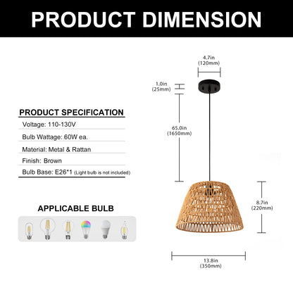YANSUN 3-Pack1-Light Farmhouse Boho Pendant Light with Natural Woven Shade No Bulbs Included for Dining Room or Entryway