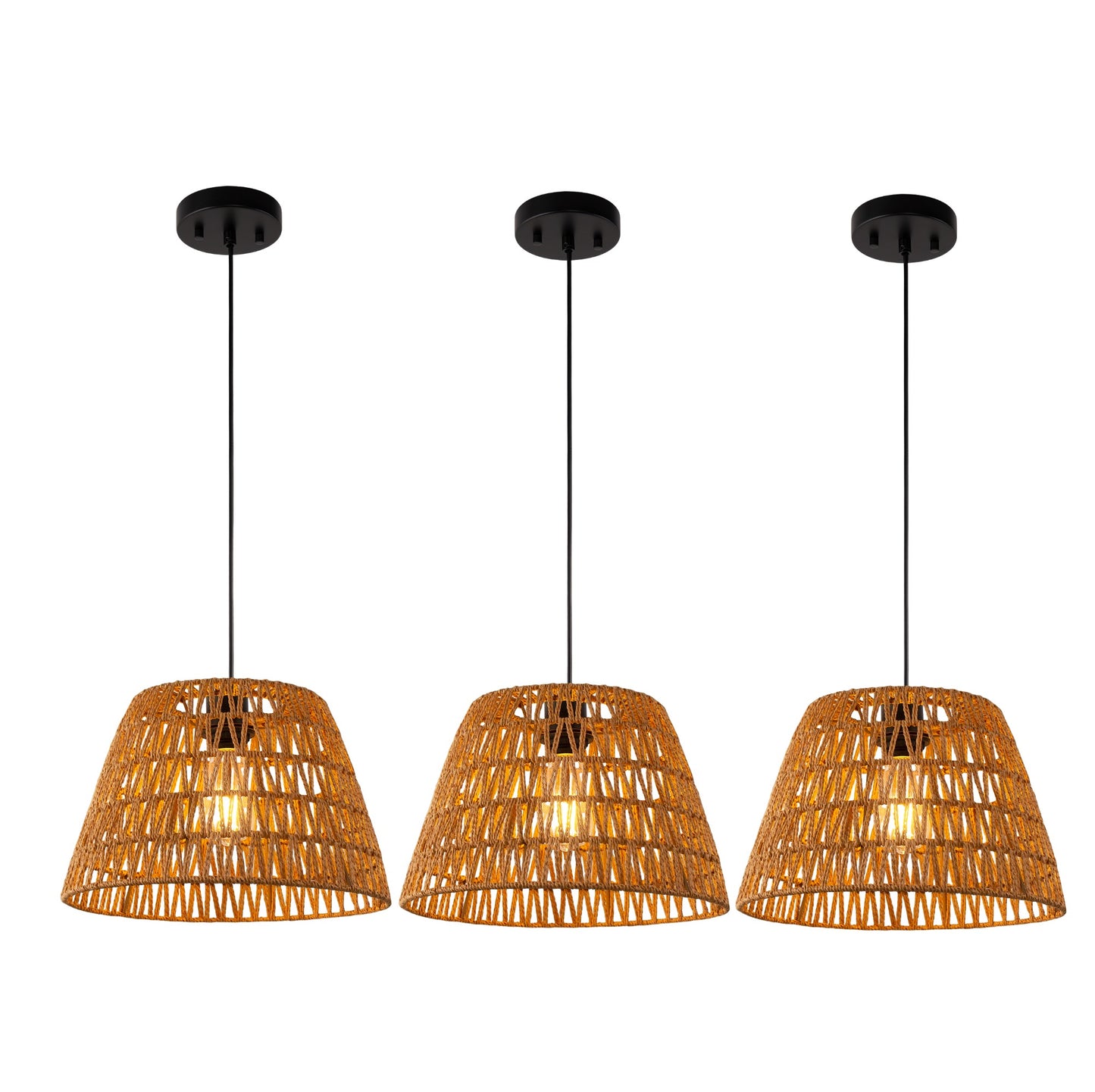 YANSUN 3-Pack1-Light Farmhouse Boho Pendant Light with Natural Woven Shade No Bulbs Included for Dining Room or Entryway