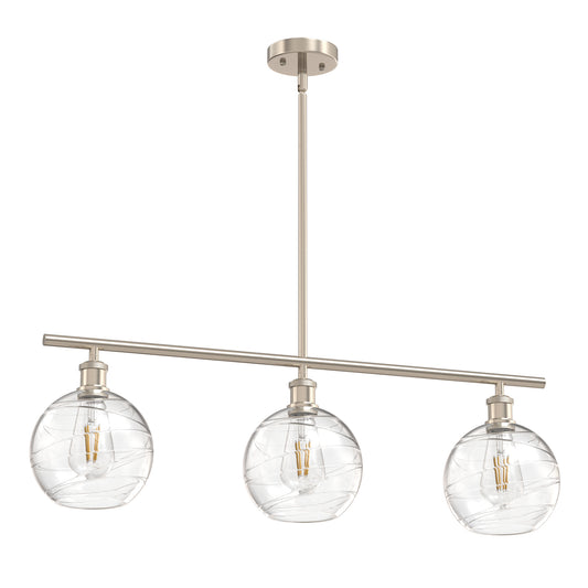 60 Watts 3-Light Satin Nickel Island Pendant Light with Textured Clear Global Glass Shade, Adjustable Rods, E26 Base