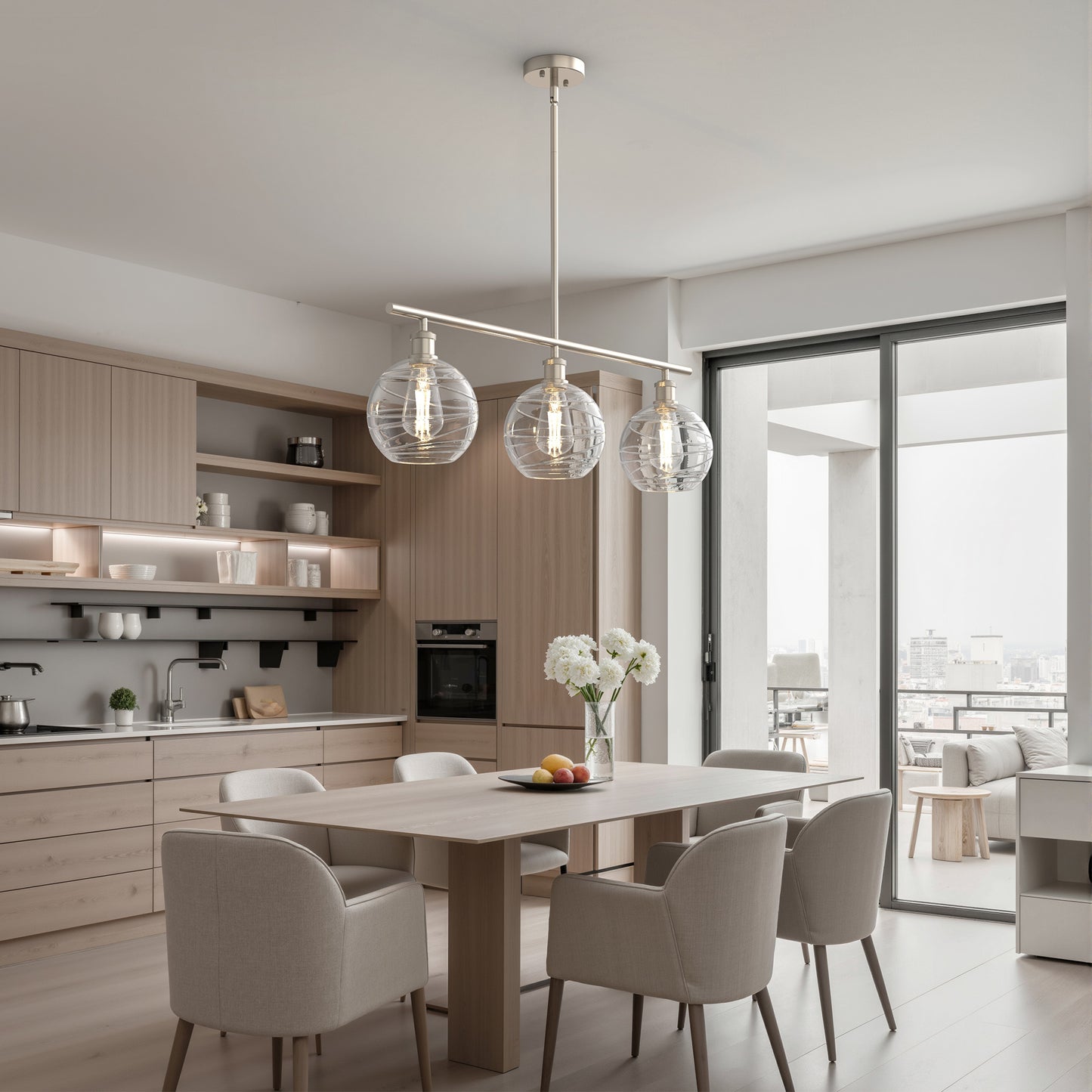 YANSUN Satin Nickel Island Light, 3-Light Pendant Light with 12in Textured Glass Shades, Adjustable Rods, E26 Kitchen Island Lighting