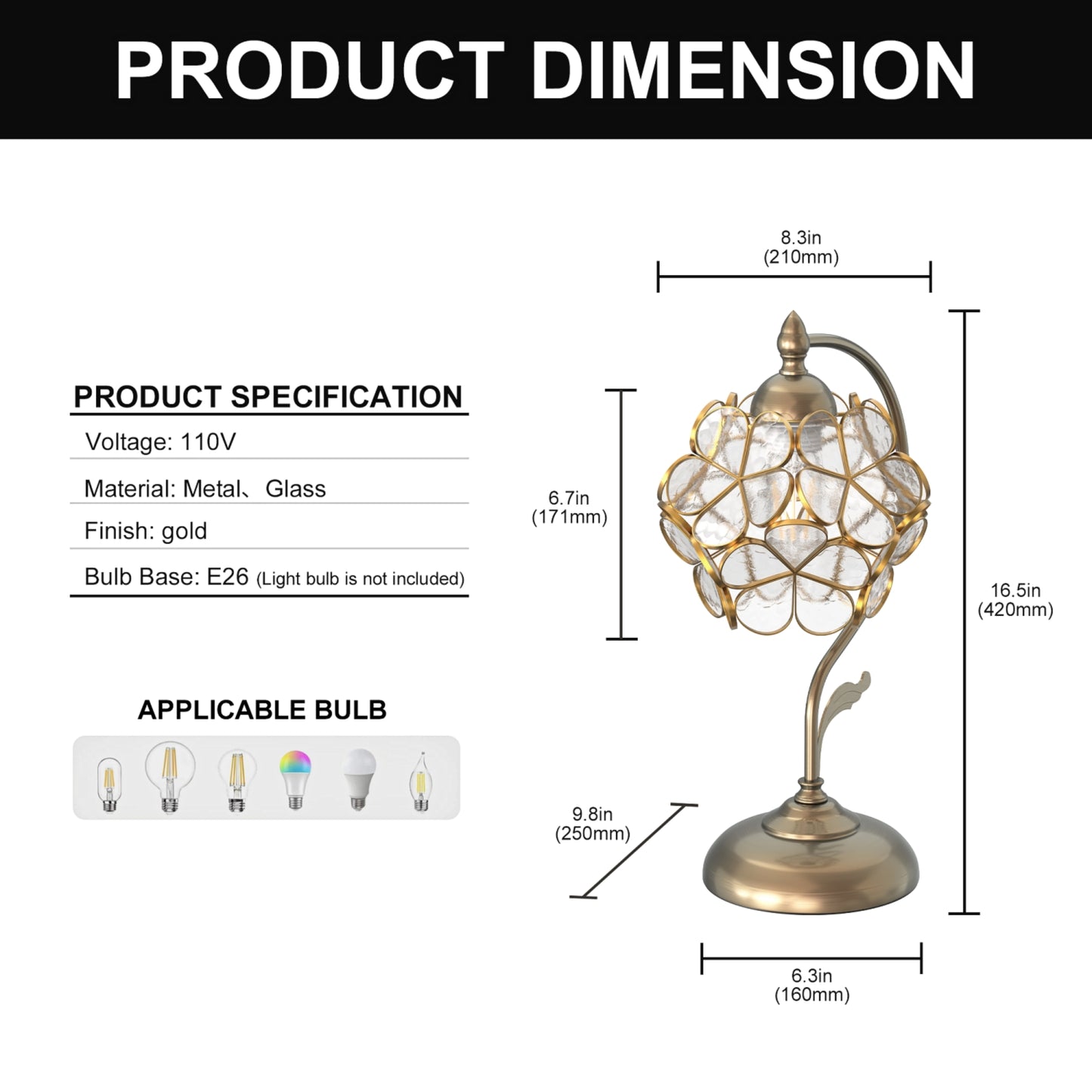 YANSUN 16.5in. 1 Light Copper Flower Table Lamp with Pale Glass Shade, No Bulbs Included Transitional Table Lamp for Bedroom