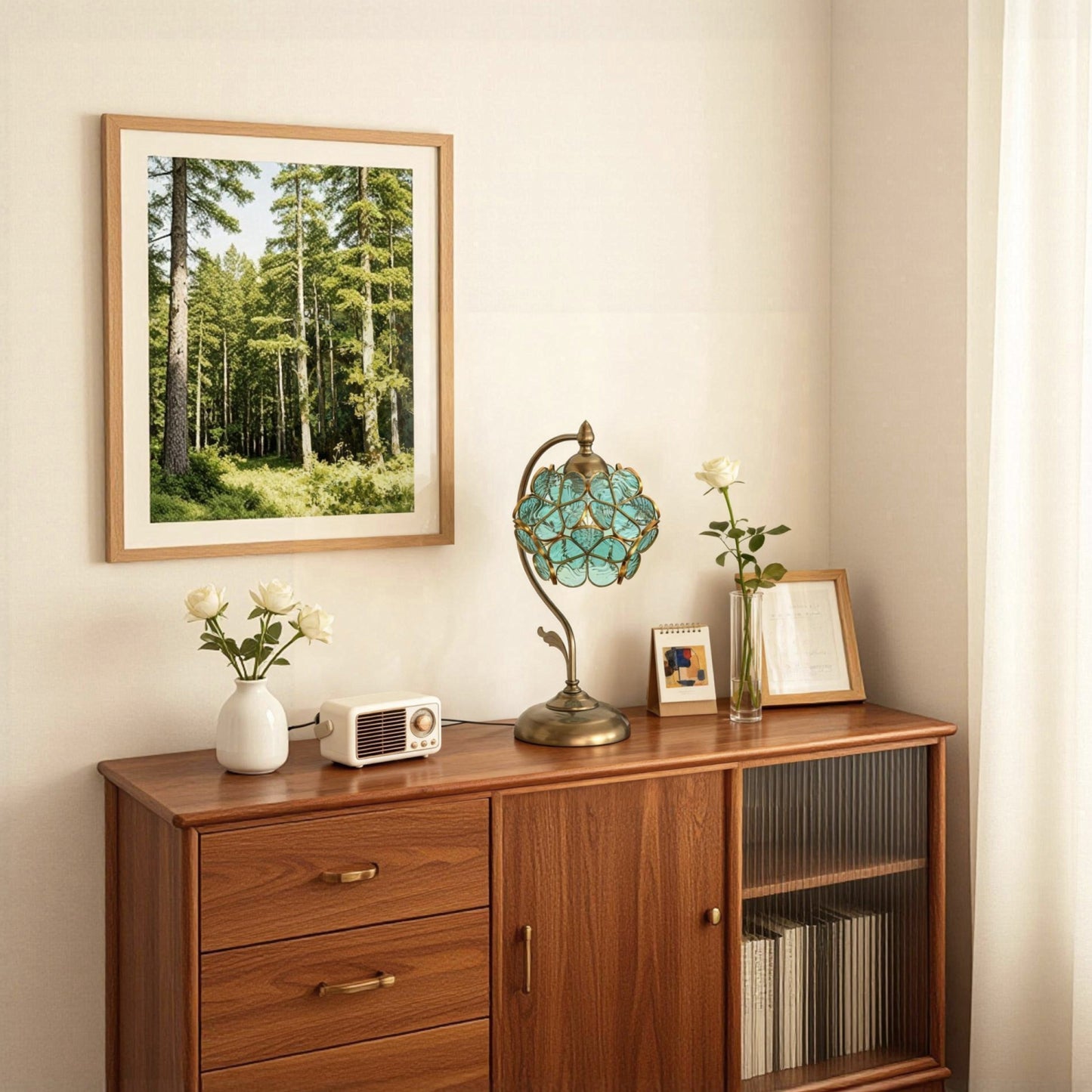 YANSUN 9.8in Green Glass Flower Table Lamp with Brass Finish E26 Bedside Desk Light Fixture