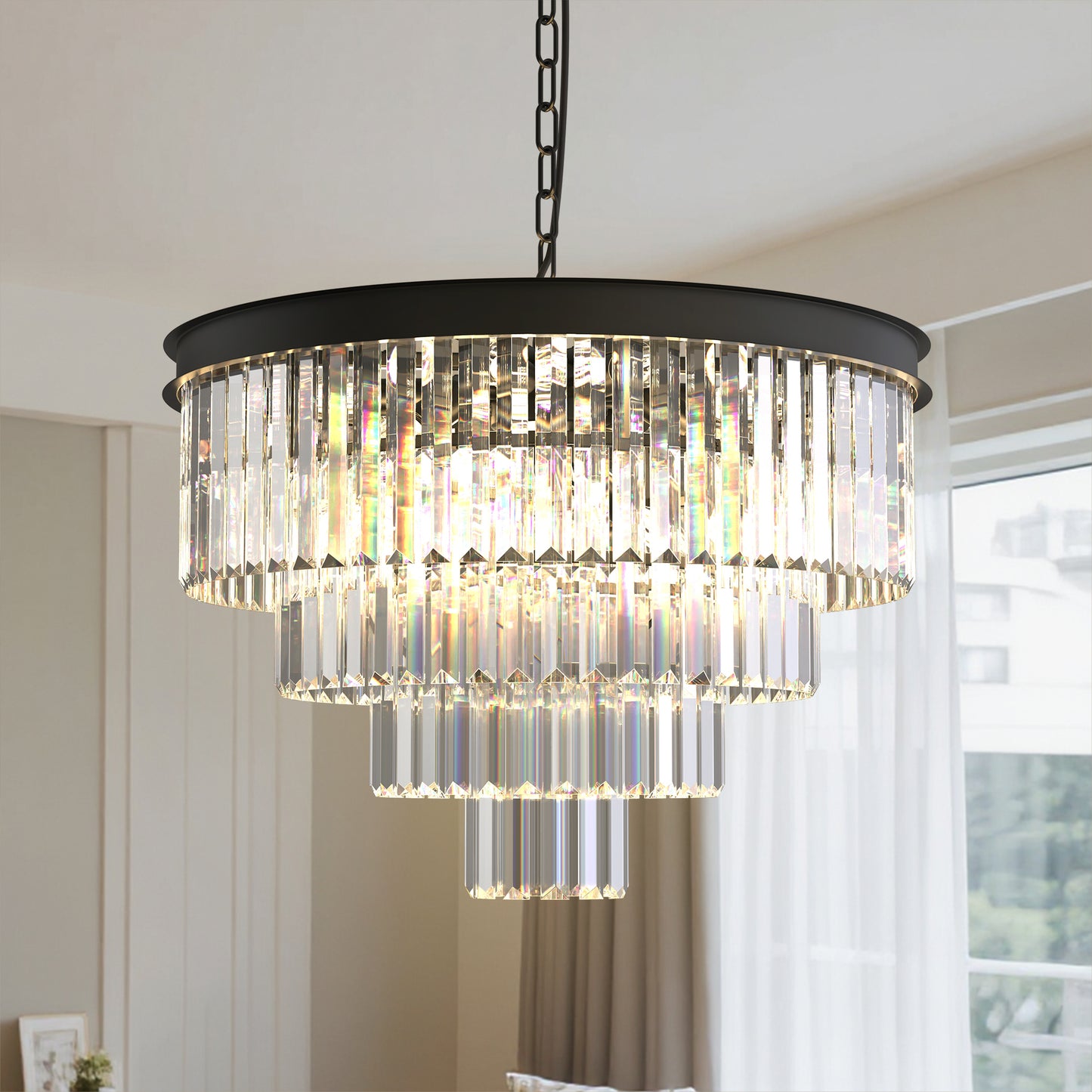 YANSUN 56.7 in. 12-Light Matte Black Drum Chandelier with 4-Tier Triangle Crystal Strips and E12 Base for Dining Room