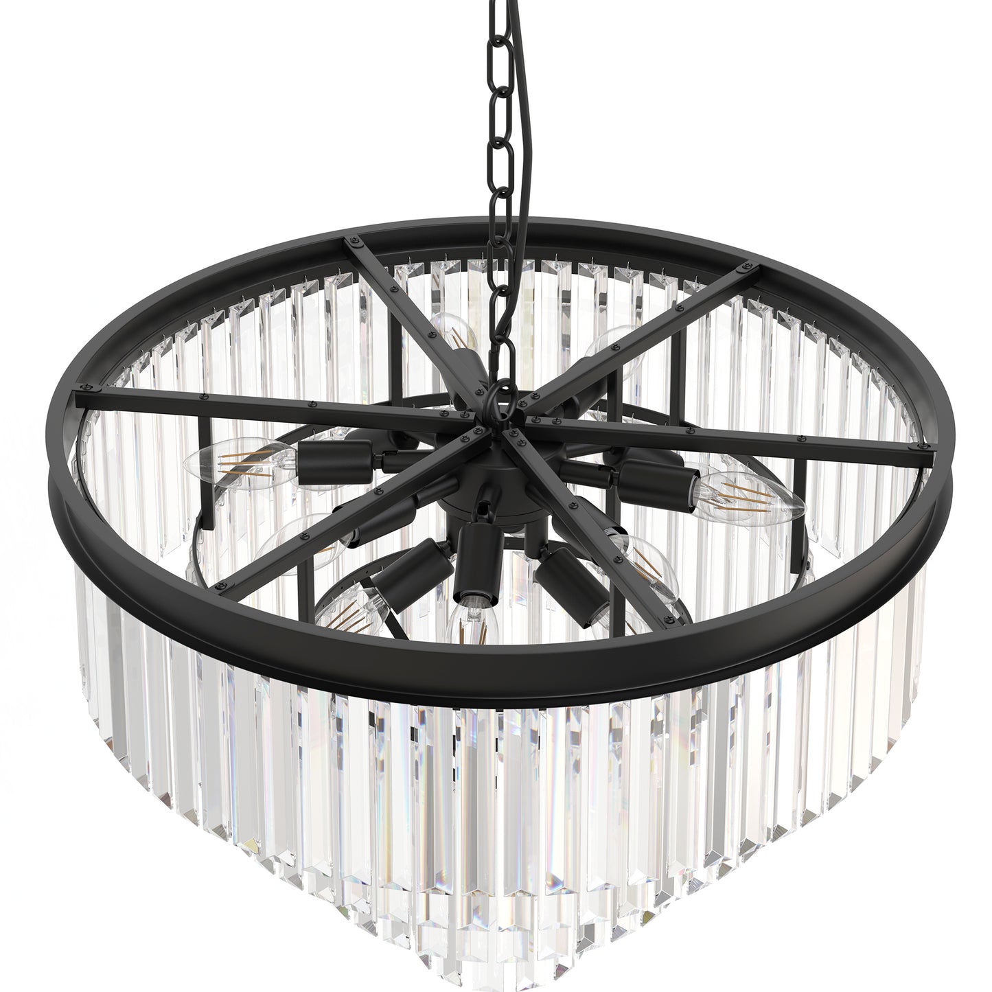 YANSUN 56.7 in. 12-Light Matte Black Drum Chandelier with 4-Tier Triangle Crystal Strips and E12 Base for Dining Room