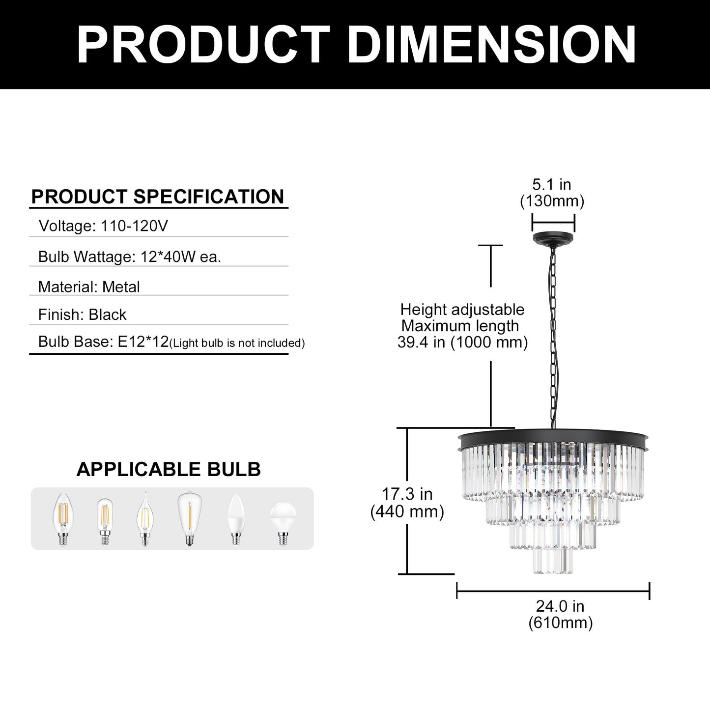 YANSUN 56.7 in. 12-Light Matte Black Drum Chandelier with 4-Tier Triangle Crystal Strips and E12 Base for Dining Room