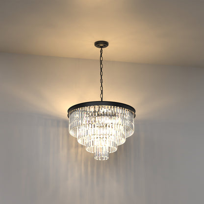 YANSUN 56.7 in. 12-Light Matte Black Drum Chandelier with 4-Tier Triangle Crystal Strips and E12 Base for Dining Room