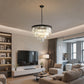 YANSUN 56.7 in. 12-Light Matte Black Drum Chandelier with 4-Tier Triangle Crystal Strips and E12 Base for Dining Room