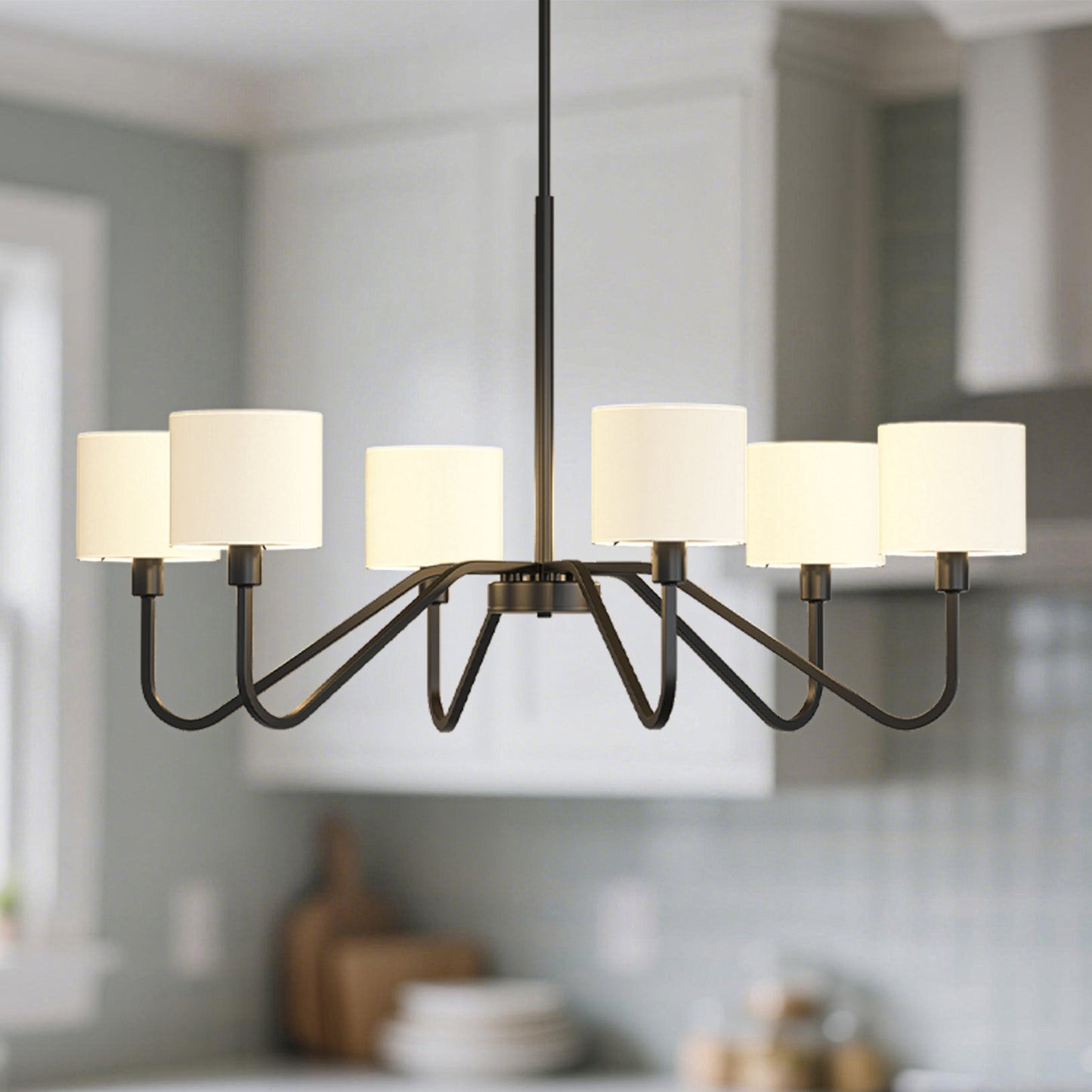 YANSUN 6-Light Candle-Style Chandelier with Linen Shades, Matte Black Finish, 39.4-Inch Diameter, Traditional Elegance