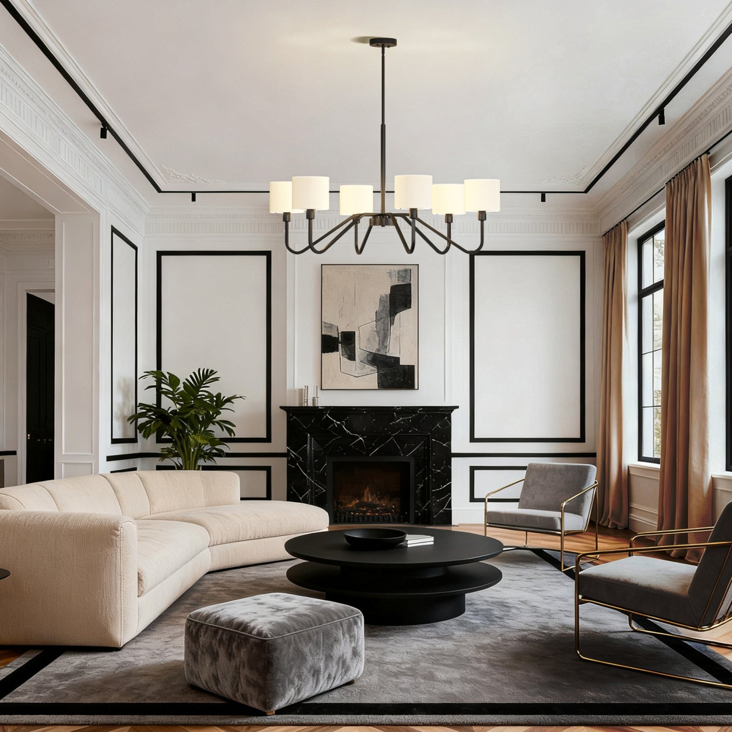 YANSUN 6-Light Candle-Style Chandelier with Linen Shades, Matte Black Finish, 39.4-Inch Diameter, Traditional Elegance