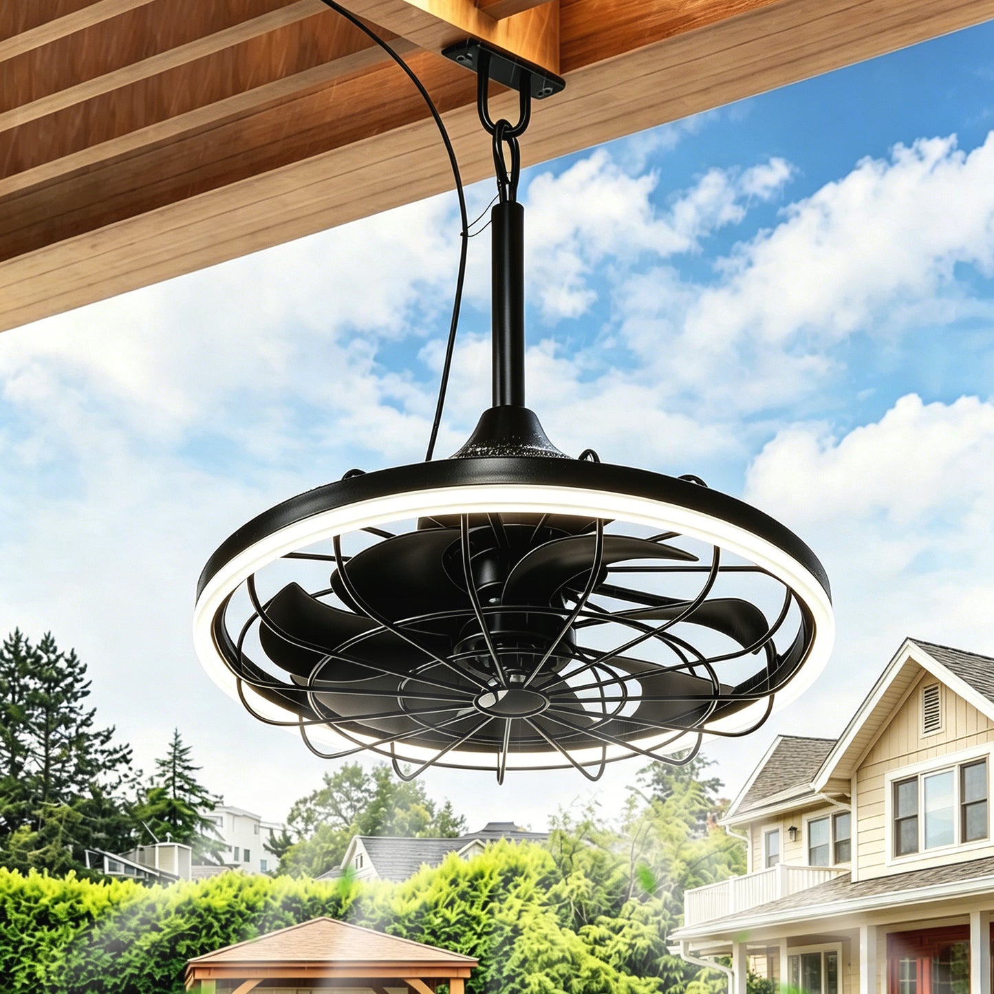 YANSUN 19.7 in. LED Outdoor Cage Ceiling Fan with Remote,Sand Black Downrod Mount Fandelier with 6 Speeds,3 CCT for Bar Foyer