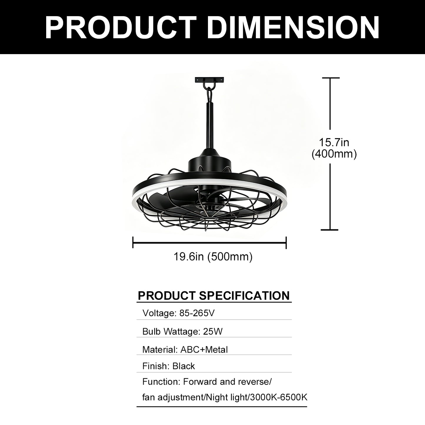 YANSUN 19.7 in. LED Outdoor Cage Ceiling Fan with Remote,Sand Black Downrod Mount Fandelier with 6 Speeds,3 CCT for Bar Foyer