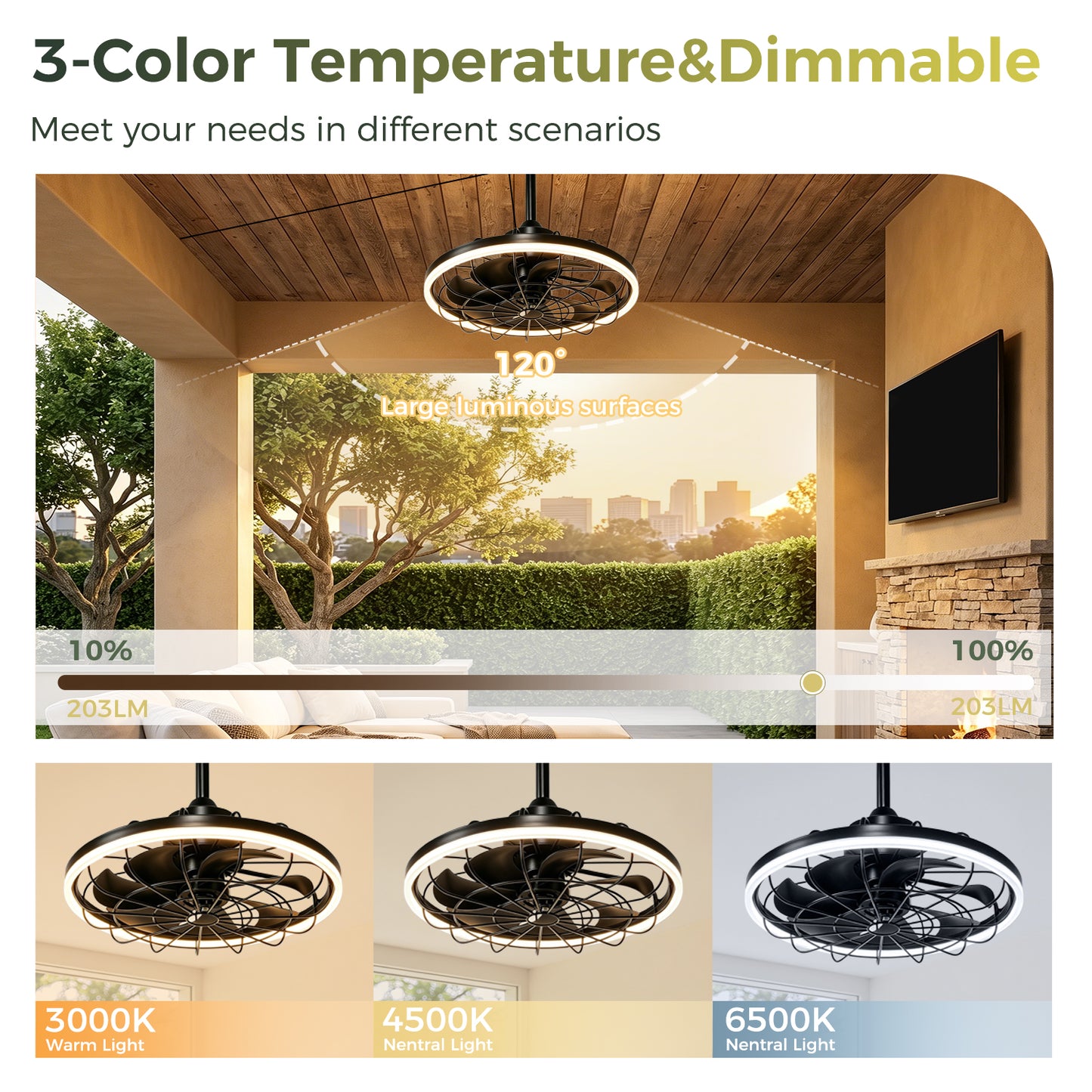 YANSUN 19.7 in. LED Outdoor Cage Ceiling Fan with Remote,Sand Black Downrod Mount Fandelier with 6 Speeds,3 CCT for Bar Foyer