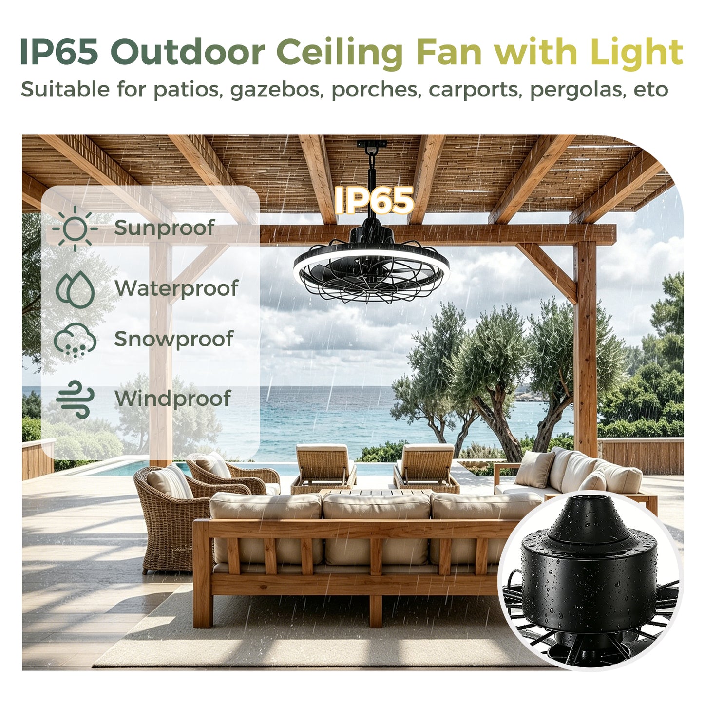 YANSUN 19.7 in. LED Outdoor Cage Ceiling Fan with Remote,Sand Black Downrod Mount Fandelier with 6 Speeds,3 CCT for Bar Foyer
