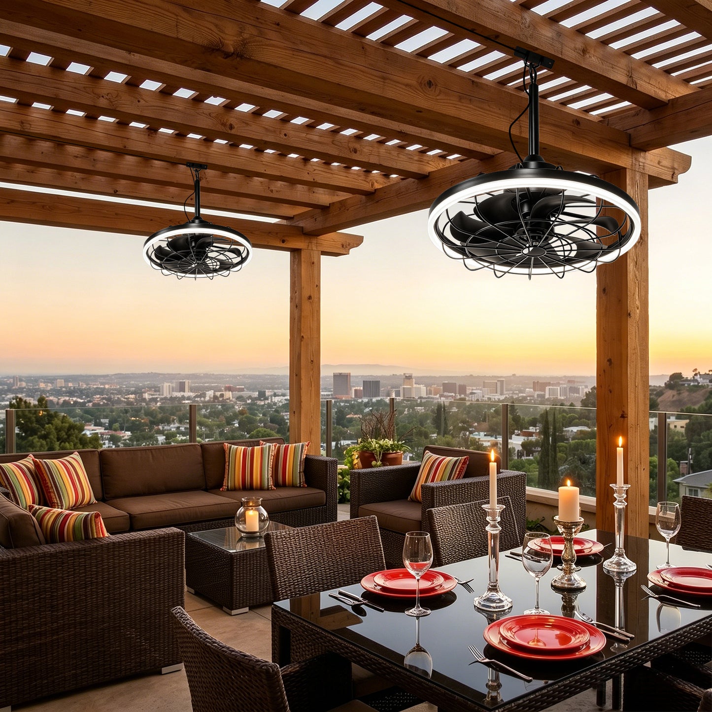 YANSUN 19.7 in. LED Outdoor Cage Ceiling Fan with Remote,Sand Black Downrod Mount Fandelier with 6 Speeds,3 CCT for Bar Foyer