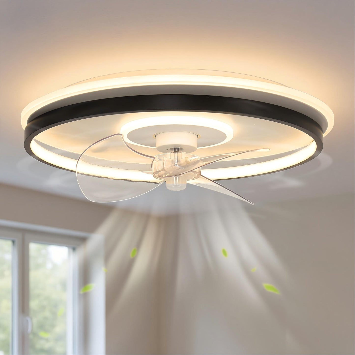 YANSUN 17.7 Inch Ceiling Fan with Light 3-Blade Black Flush Mount Fan with Remote Control 110V