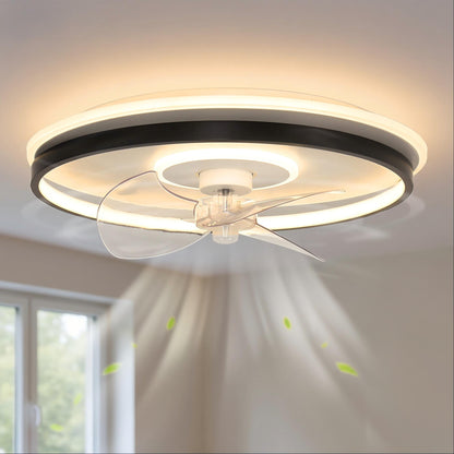YANSUN 17.7 Inch Ceiling Fan with Light 3-Blade Black Flush Mount Fan with Remote Control 110V
