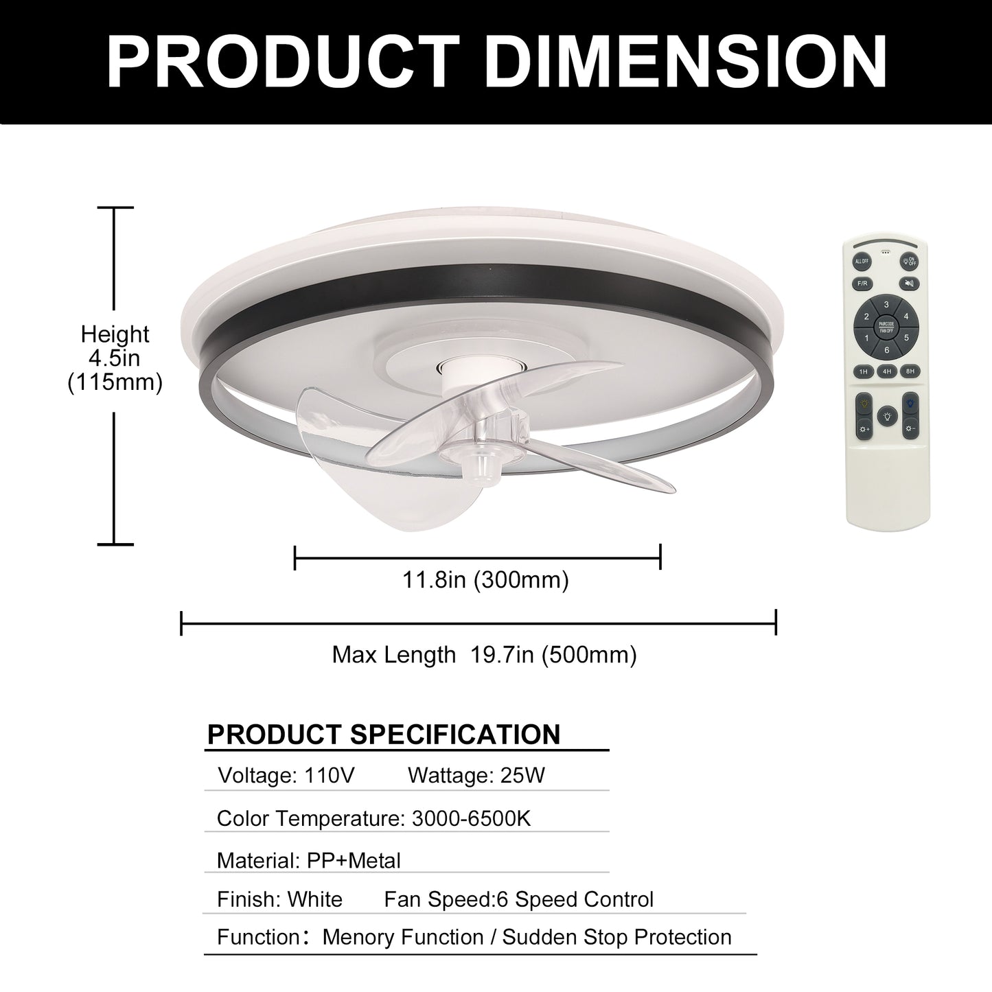 YANSUN 17.7 in 3-Blade PC Fan with Black Housing, 24V-25W DC Motor, 110V 60Hz