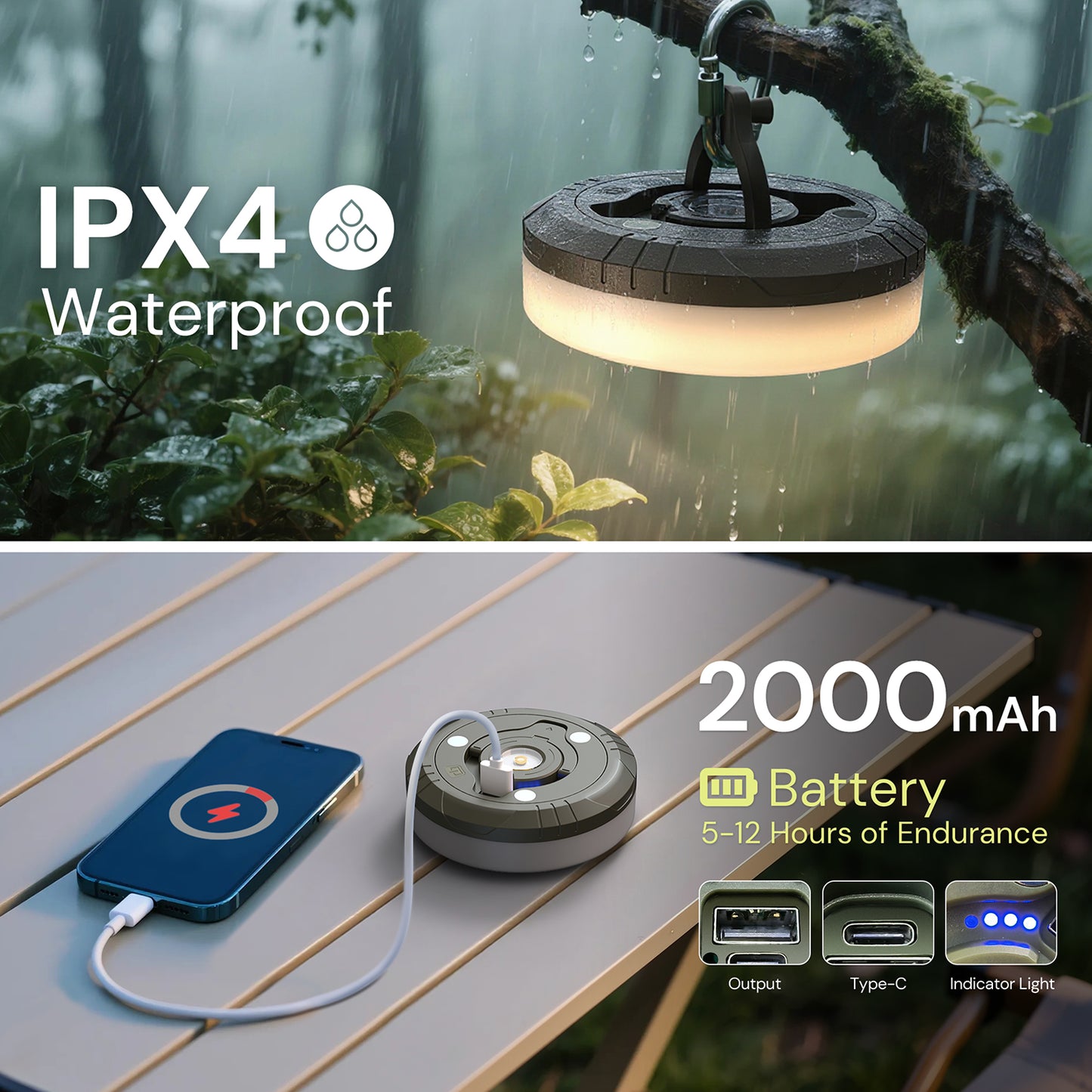 YANSUNOutdoor Camping String Light with 10M Retractable LED Fairy Lights Warm White RGB Emergency Lantern Magnetic Hanging Light Green